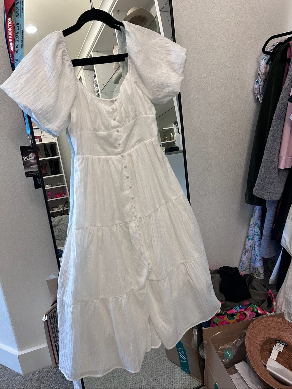 All in Favor White Puff Sleeve Tiered Midi Dress